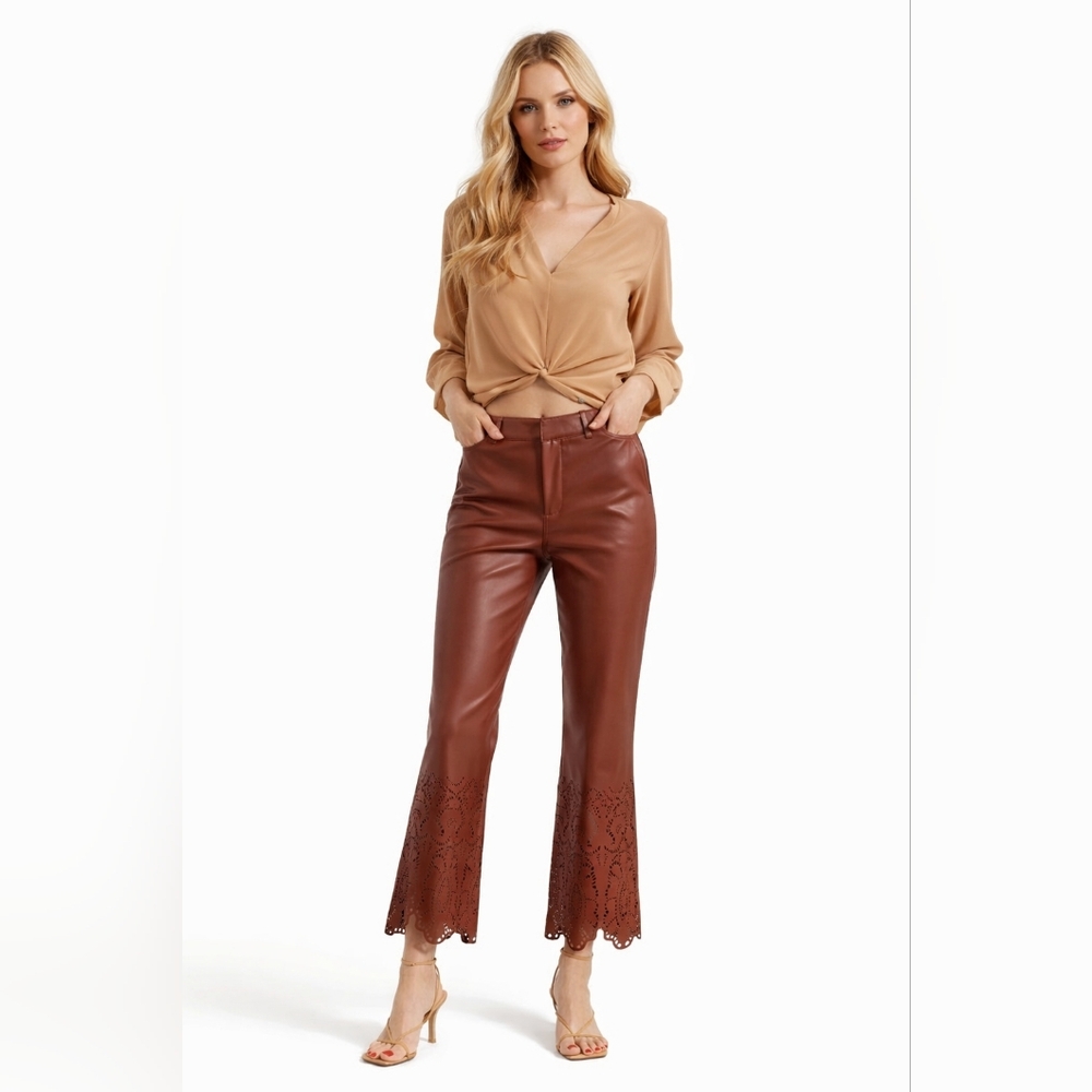 Anthropologie Brown Leather High-Rise Jeans with Laser-Cut Flare